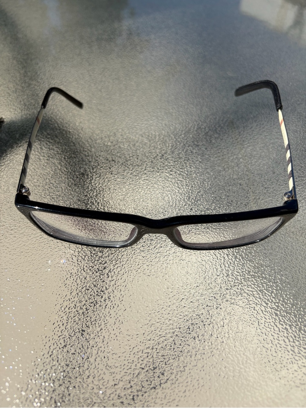 Burberry Black Rectangular Women’s Glasses with Patterned Temples
